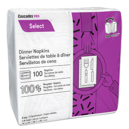  Cascades PRO Select 1/8 Fold Dinner Napkin 15 x 15 White 30/100/cs (CTN060) 